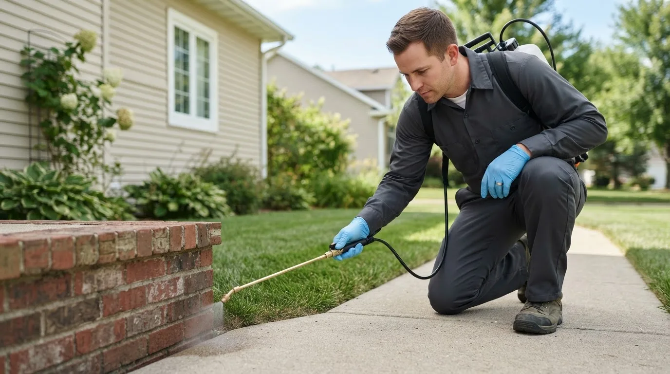 Pest control technician treating a home near Corona, CA